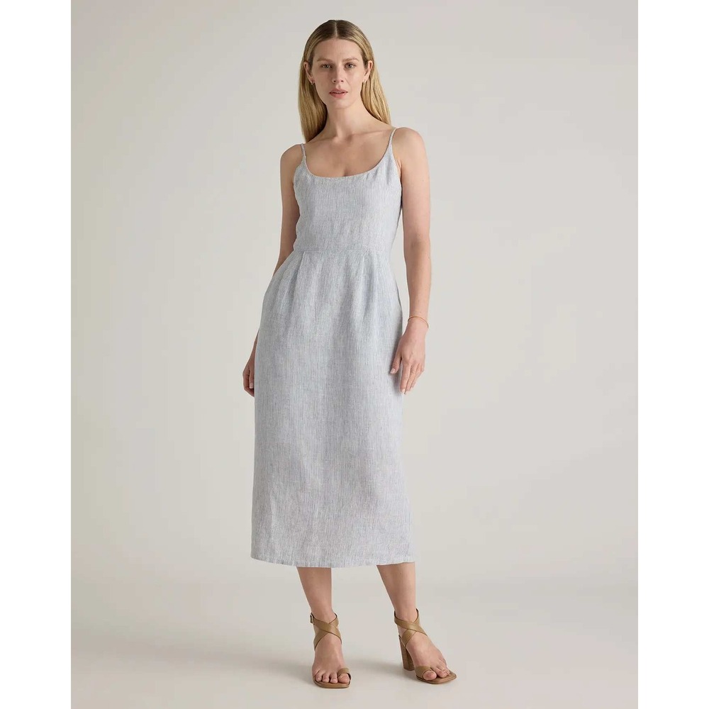 Quince European Linen Scoop Neck Midi Dress Blue Pinstripe XS NWT